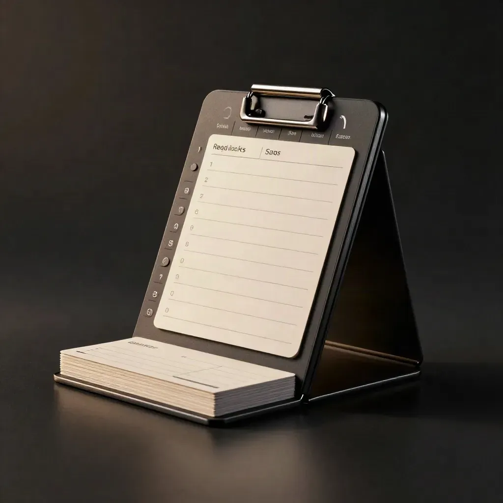 Upright search-ads launch case with metal tabs and blank cards on a dark studio surface.