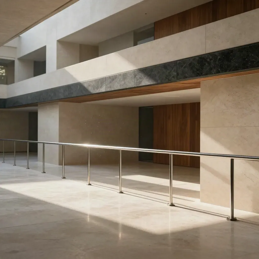 Sunlit limestone atrium with chrome balustrade and calm concrete floor for ad copy.