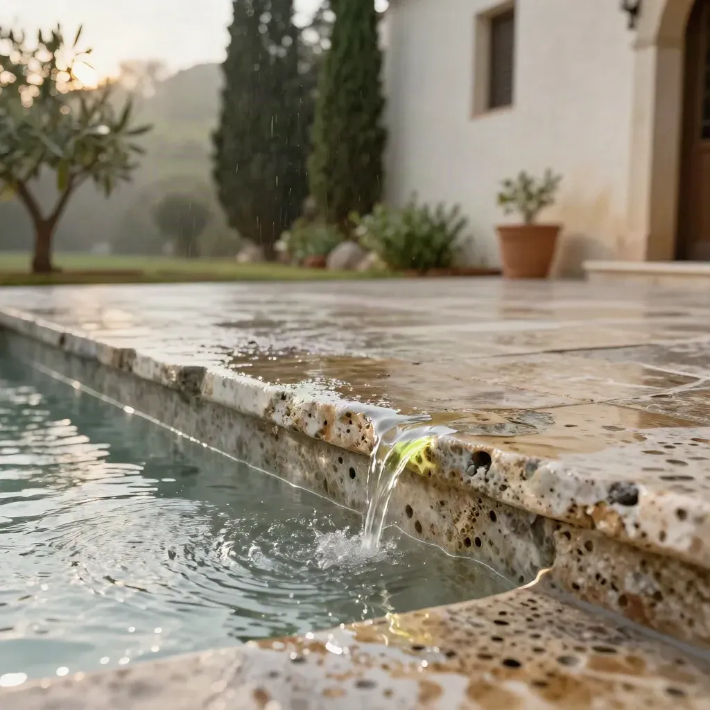 Rain-dark travertine courtyard with shallow water, pale wall, blurred greenery and a faint lime glow.