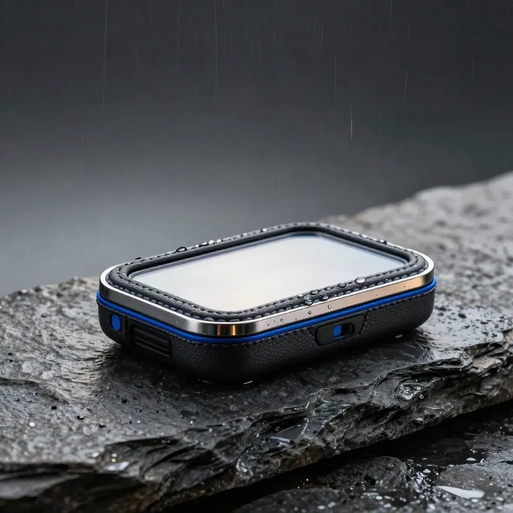 Charcoal launch case gliding on wet stone, blue tiles and acrylic insert catching light