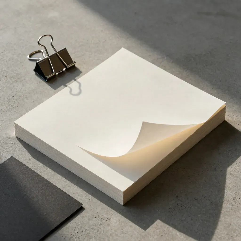 Overhead flatlay of paper proofs, overlay sheet and steel binder clip on concrete