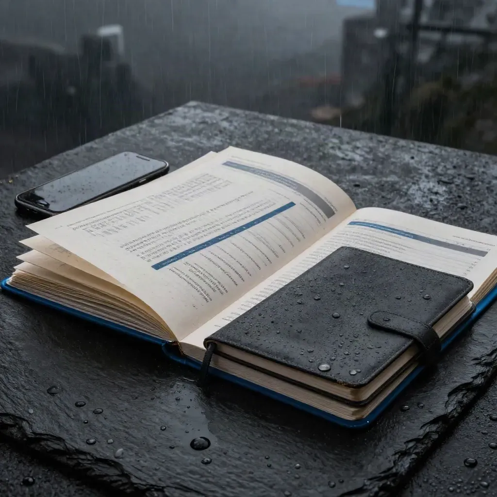 Charcoal startup audit folio with cream sheets, blue dividers and a phone on wet slate.