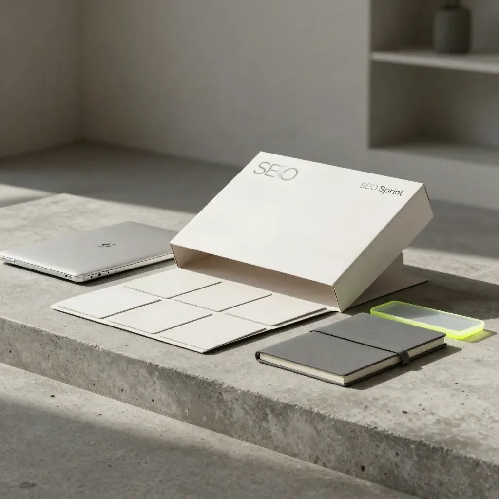 SEO sprint box, cards, closed laptop and notebook on concrete with soft lime accent