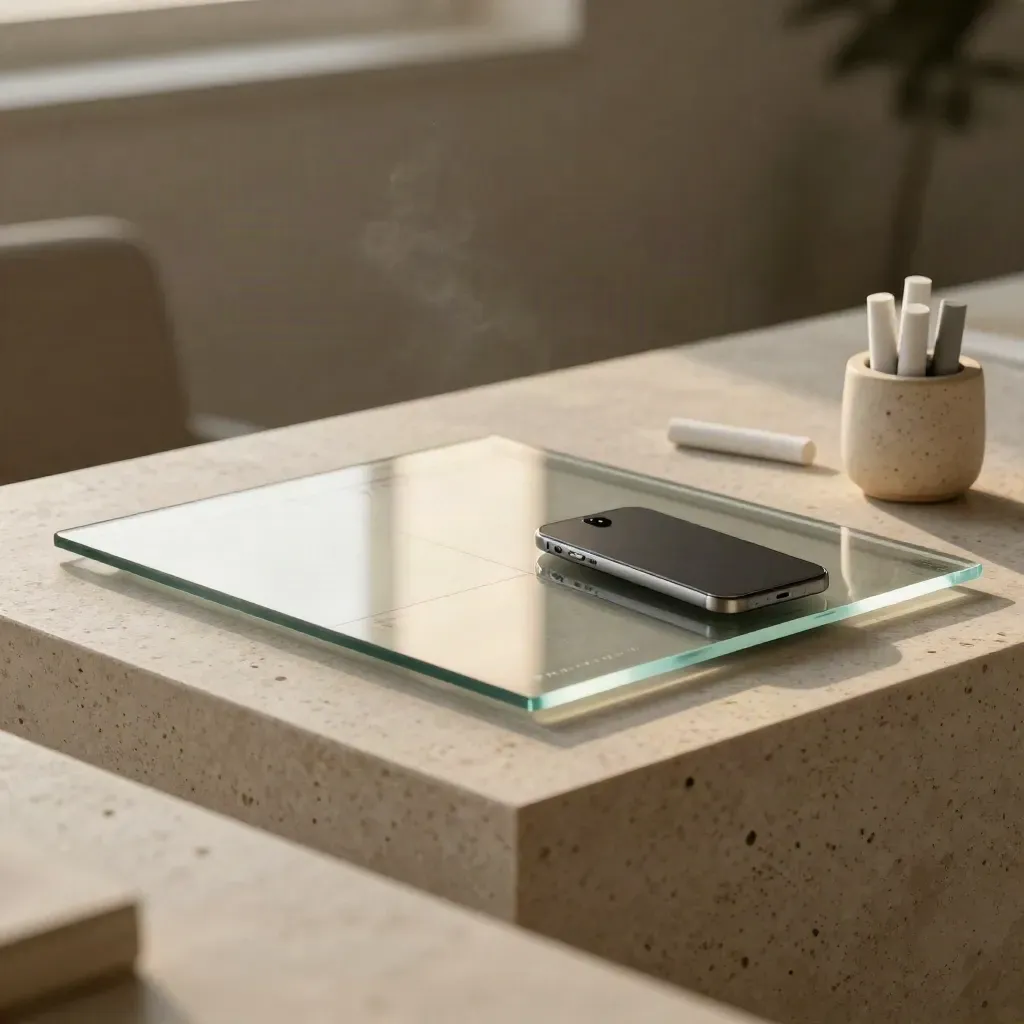 Smoked-glass analytics slab with glowing tiles, compact phone and ceramic markers on travertine.