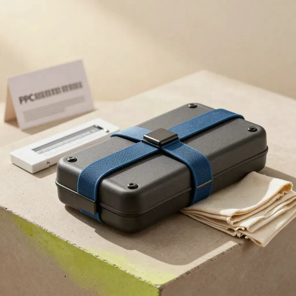 Charcoal PPC care plan case with blue strap, white block and folded cloth on concrete, in soft light