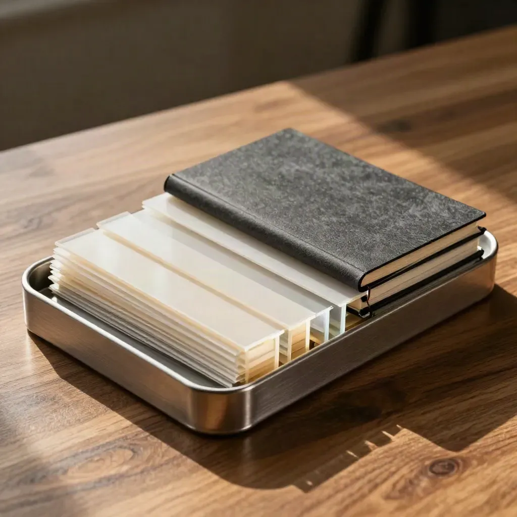 Brushed-metal conversion audit tray with split cards, acrylic separators and a folded notebook on walnut.