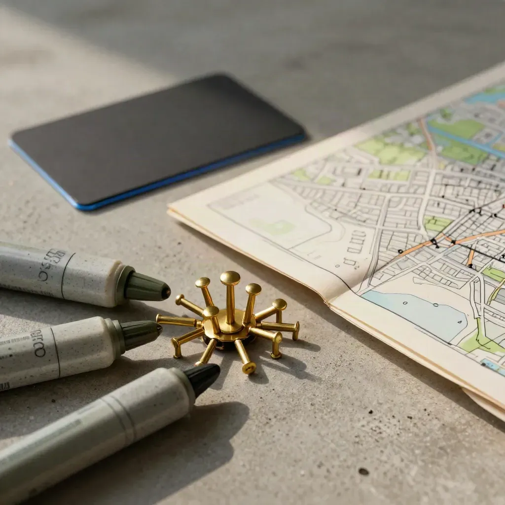 Macro of a local SEO kit with brass pins, stone markers, and a folded city-plan sheet on concrete.