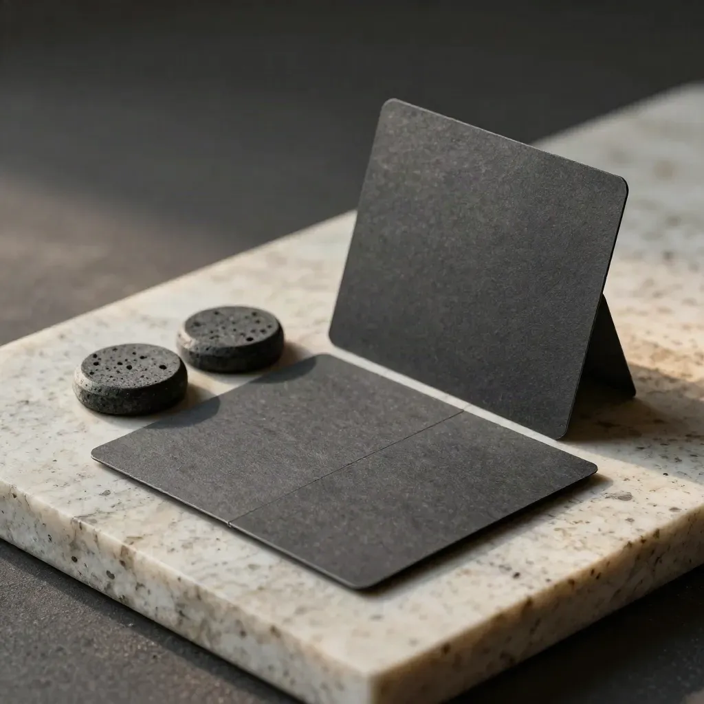 Macro of a charcoal local SEO kit with stone markers and a face-down postcode card on travertine.