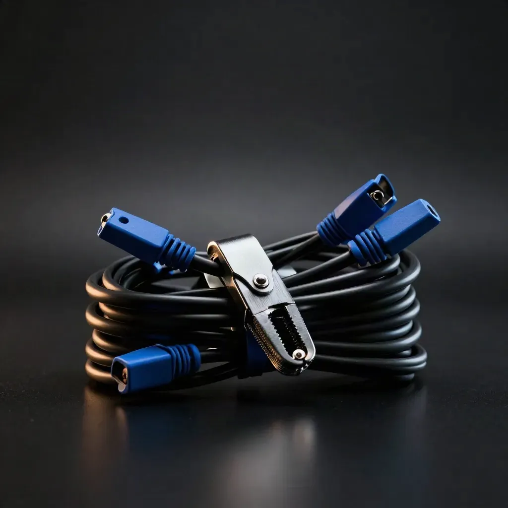 Tangled black cable, blue clips and metal clamp around a matte device block on a dark surface.