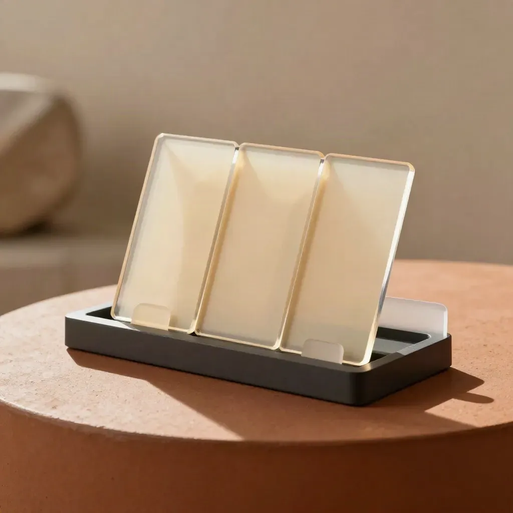 Translucent acrylic lead-form kit on a charcoal tray, upright tabs, and aligned cards on terracotta clay.