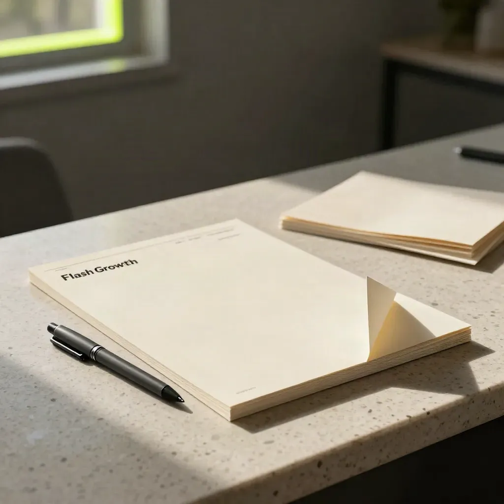 Cream proof pack with pen on travertine in a softly lit agency studio.