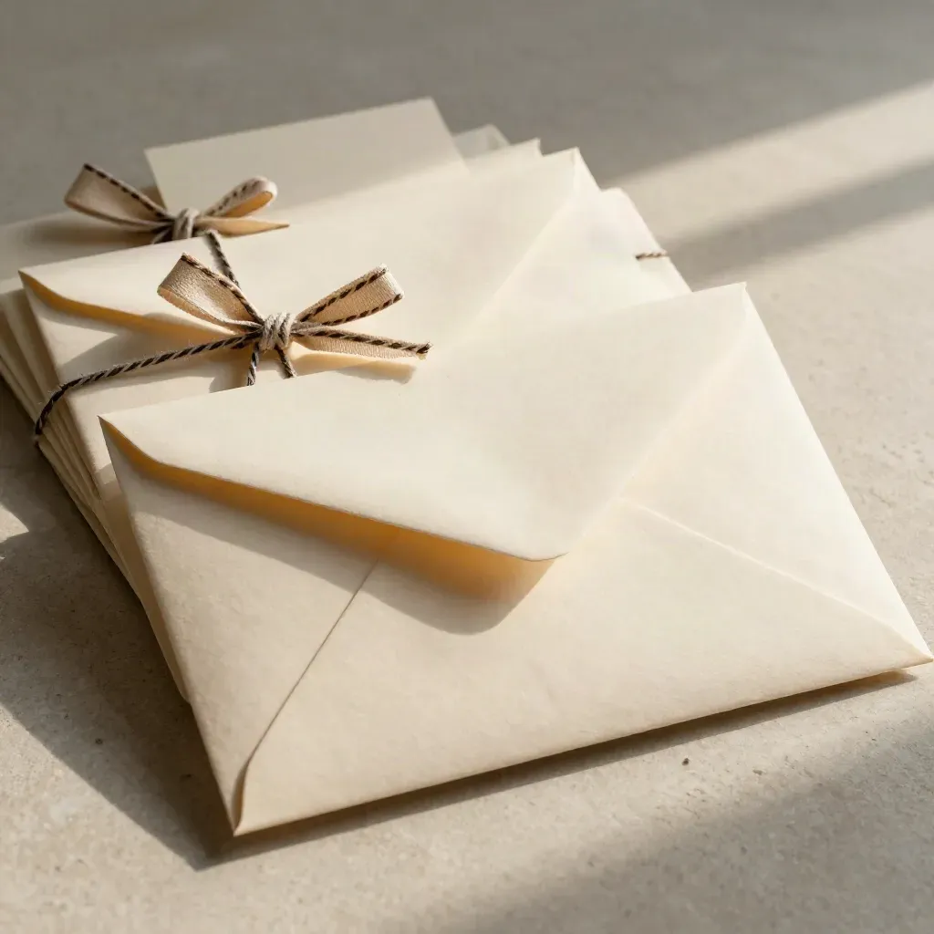 Overhead flat lay of cream envelopes, twine tie and folded ribbon on pale stone.