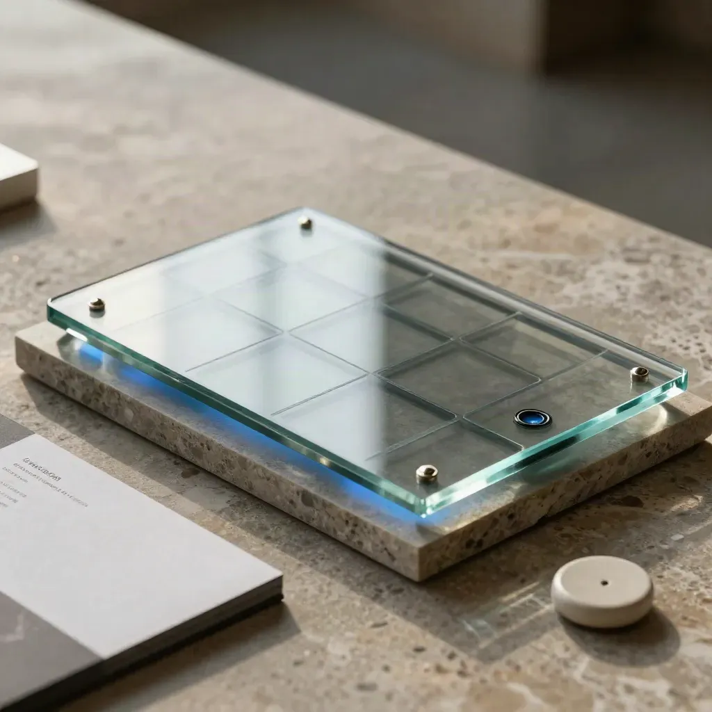 Glass analytics slab with phone and ceramic token on stone, lit by a soft blue pulse.
