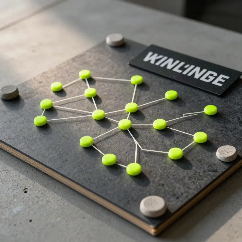 Charcoal keyword map board with lime chips, thread paths, and stone markers on concrete.