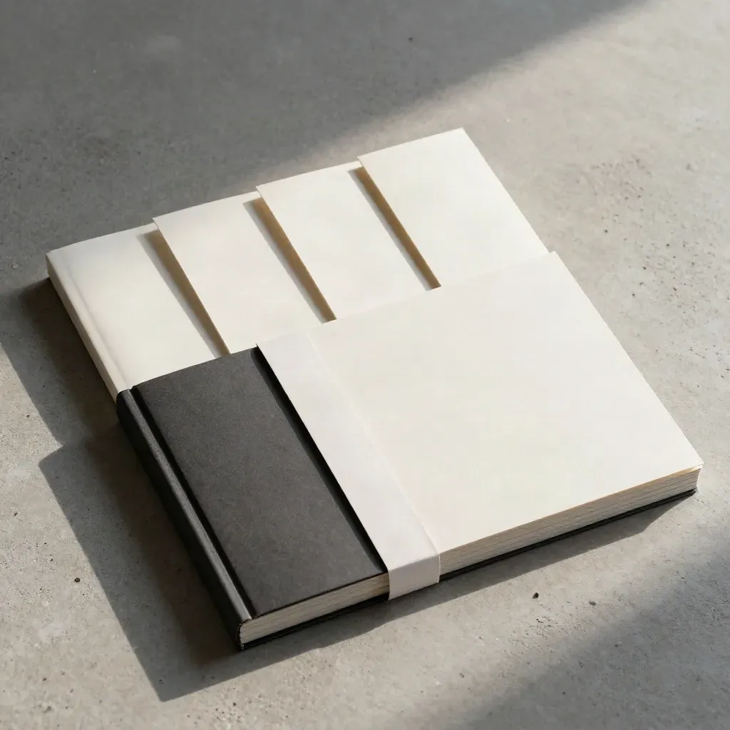 Overhead flatlay of a four-part growth plan deck with tabs, folded cover, and paper band.
