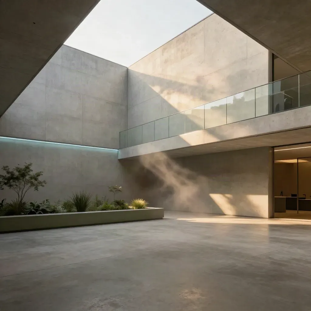 Sunlit concrete atrium with glass balustrade, blue glow, and calm open floor for copy.
