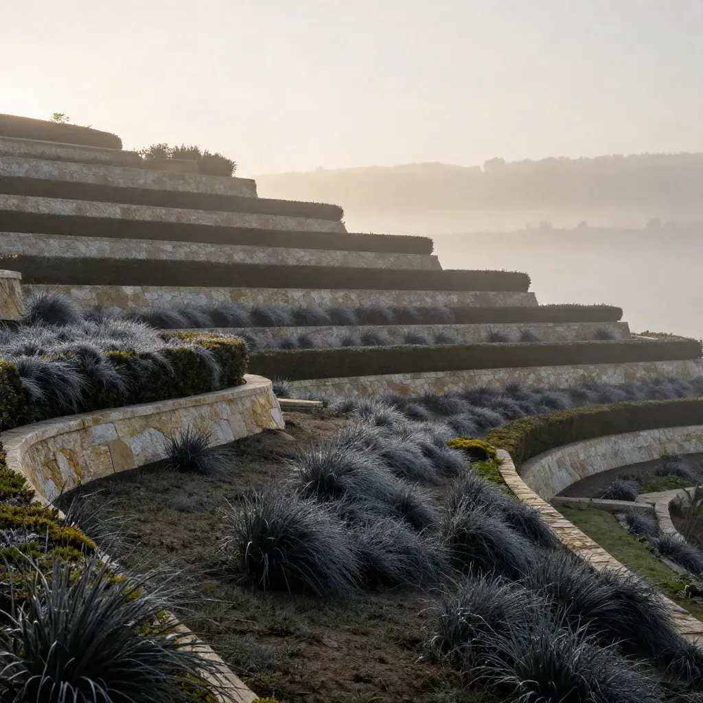Terraced garden at dawn with mist, stone edges, and open copy space below.